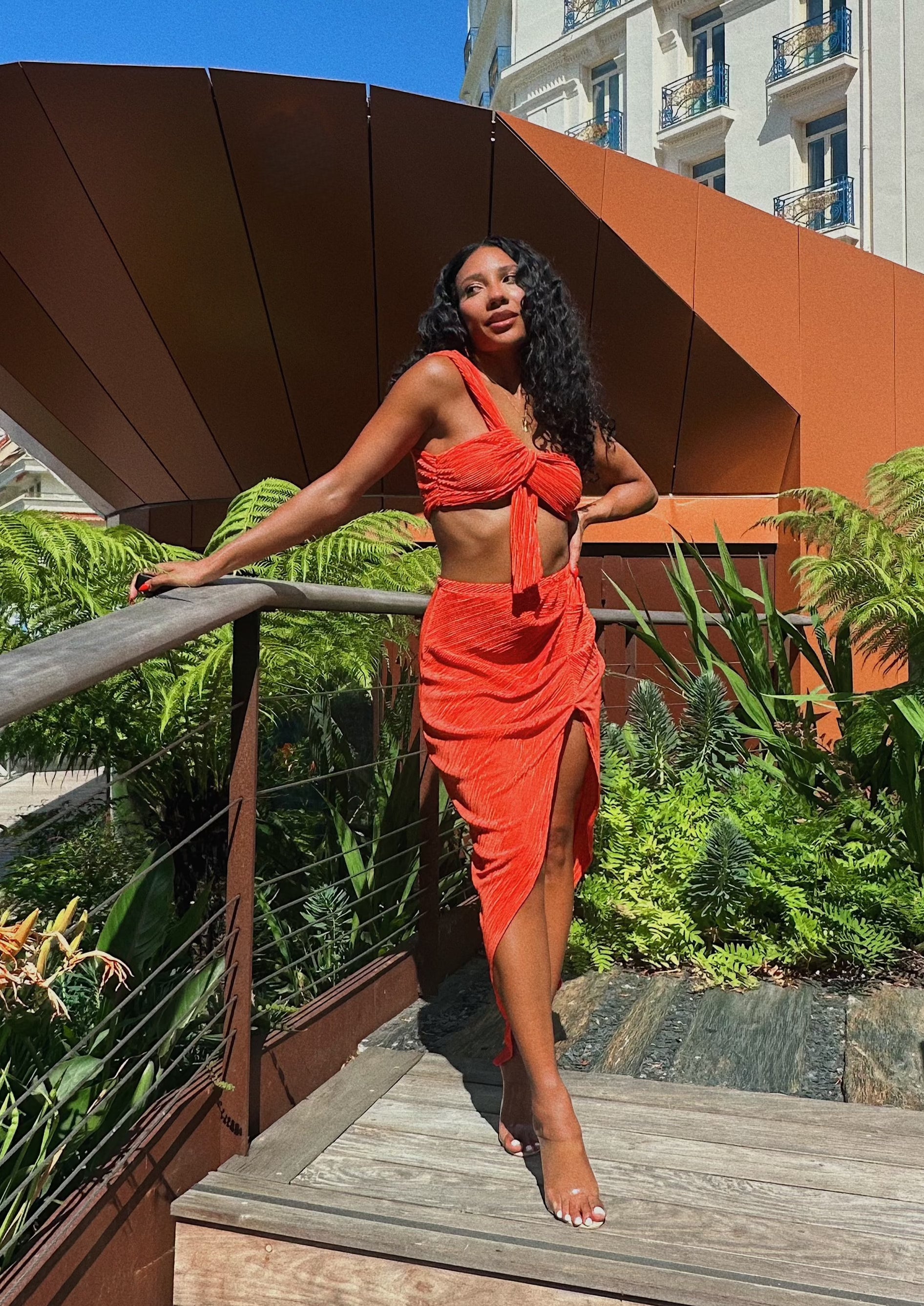 One Shoulder Crop Top with Ruched Midi Skirt - Orange